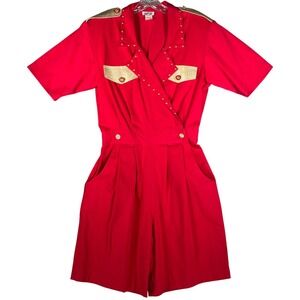 RIO Red Military Style Romper Shorts Gold Studs V Neck Short Sleeve Medium